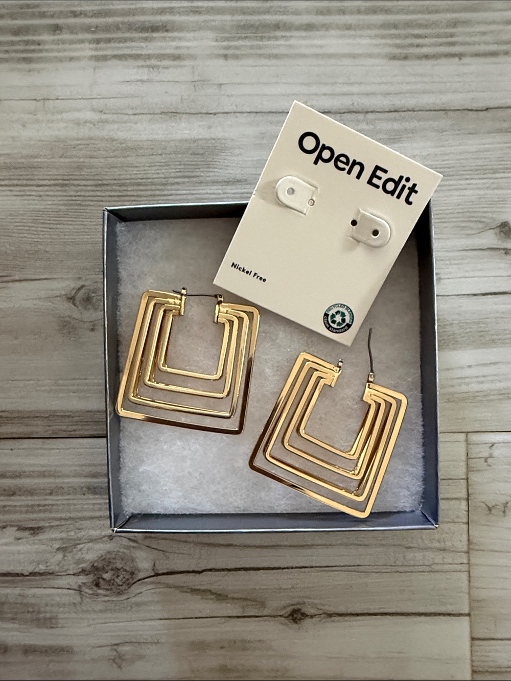 Open Edit Gold Geometric Layered Square Hoop Earrings